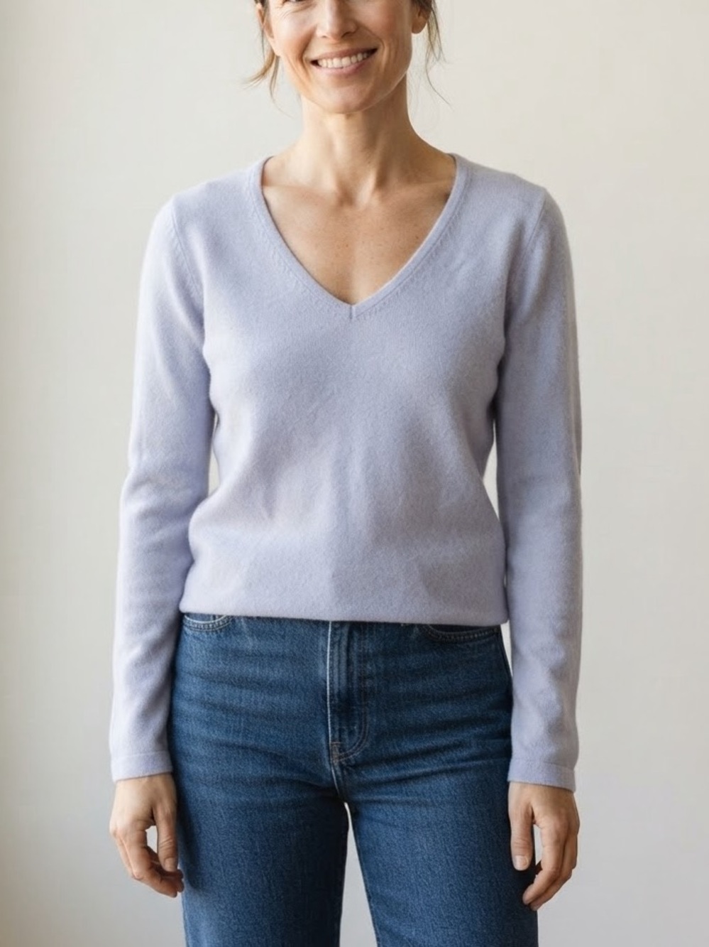 Edinburgh Sz S 100% Cashmere Dusty Baby Blue V Neck Sweater